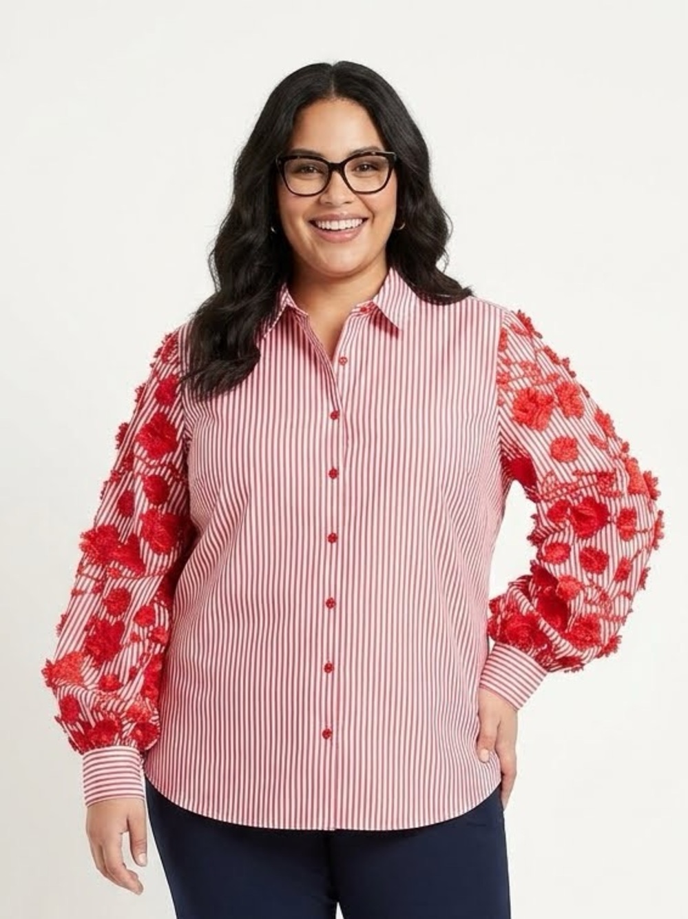 Chico's Poplin Billow Sleeve Red and White Striped Button-Front Shirt Size 3.5